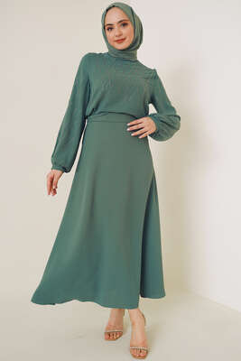 Parlak Taşlı Etekli İkili Takım Çağla Yeşili - ÇOK SATANLAR