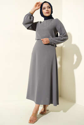 Parlak Taşlı Etekli İkili Takım Füme 