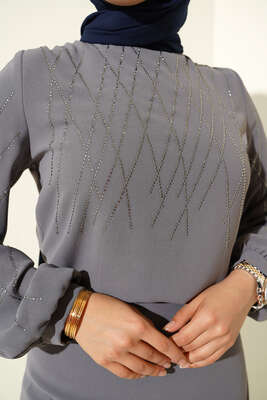 Parlak Taşlı Etekli İkili Takım Füme - İKİLİ TAKIM