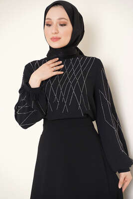 Parlak Taşlı Etekli İkili Takım Siyah - ÇOK SATANLAR