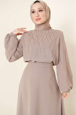 Parlak Taşlı Etekli İkili Takım Vizon - ÇOK SATANLAR