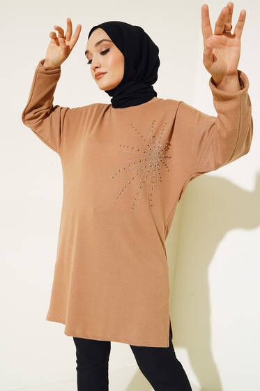 Parlak Taşlı İnce Fitilli Tunik Camel - Tunik