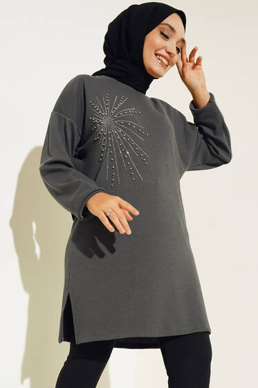 Parlak Taşlı İnce Fitilli Tunik Füme - Tunik