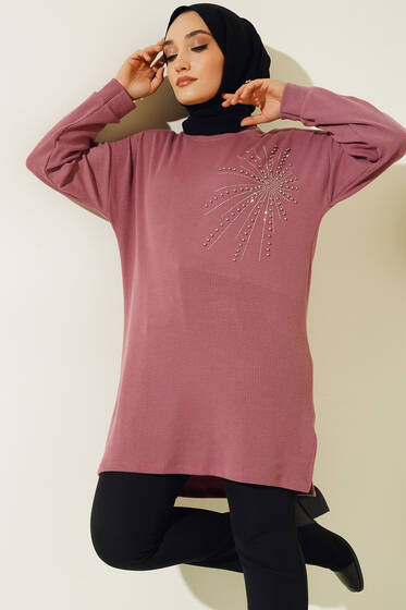 Parlak Taşlı İnce Fitilli Tunik Gül Kurusu - Tunik