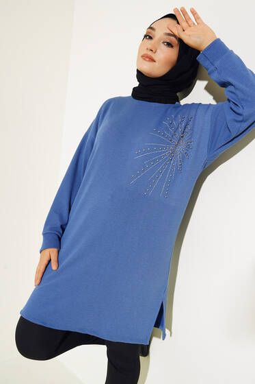 Parlak Taşlı İnce Fitilli Tunik İndigo - Tunik