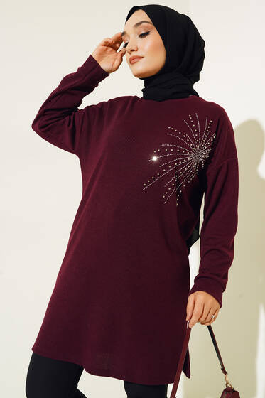 Parlak Taşlı İnce Fitilli Tunik Mürdüm - Tunik