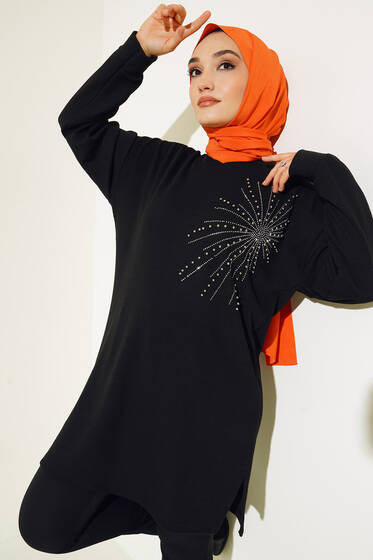 Parlak Taşlı İnce Fitilli Tunik Siyah - Tunik