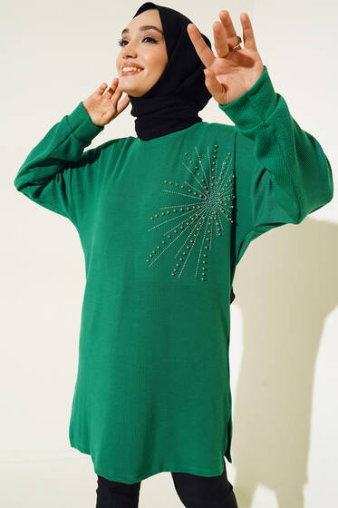 Parlak Taşlı İnce Fitilli Tunik Yeşil - Tunik