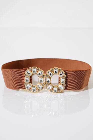 Parlak Taşlı Lastik Kemer Taba - Deri Kemer