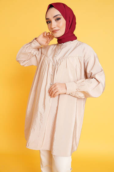 Parlak Taşlı Pile Detaylı Tunik Bej - Tunik