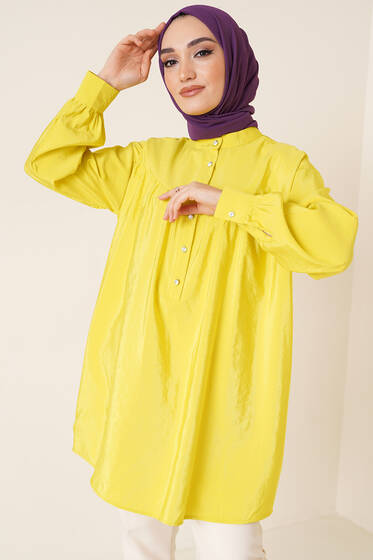 Parlak Taşlı Pile Detaylı Tunik Sarı - Tunik
