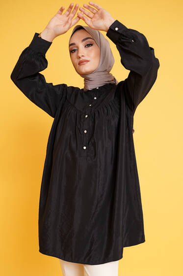 Parlak Taşlı Pile Detaylı Tunik Siyah - Tunik