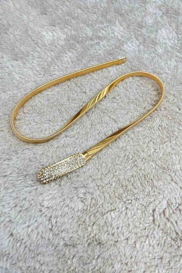 Parlak Taşlı Toka İtalyan Yassı Kemer Gold - Deri Kemer