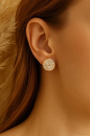 Parlak Taşlı Yuvarlak Küpe Gold - Küpe