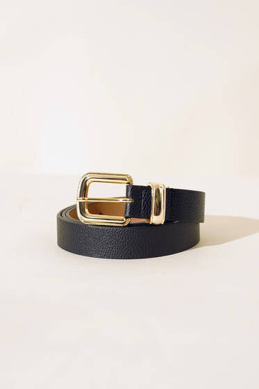 Parlak Tokalı Kemer Siyah Gold - Deri Kemer