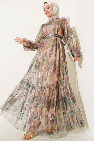 Parlak Tül Detaylı Elbise Haki - Elbise