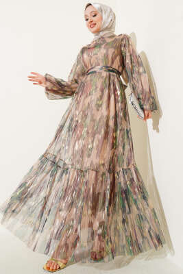 Parlak Tül Detaylı Elbise Haki