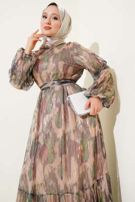 Parlak Tül Detaylı Elbise Haki - Tesettür Elbise