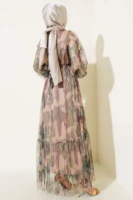 Parlak Tül Detaylı Elbise Haki - Tesettür Elbise