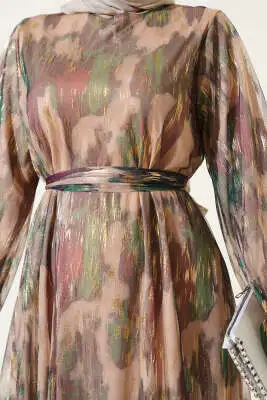 Parlak Tül Detaylı Elbise Haki - Tesettür Elbise