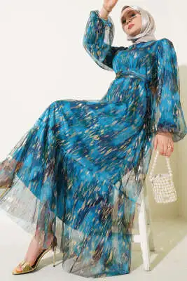 Parlak Tül Detaylı Elbise Petrol 