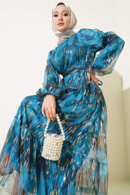 Parlak Tül Detaylı Elbise Petrol - Tesettür Elbise