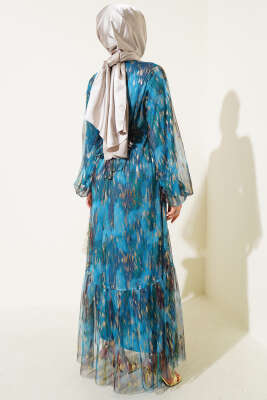 Parlak Tül Detaylı Elbise Petrol - Tesettür Elbise