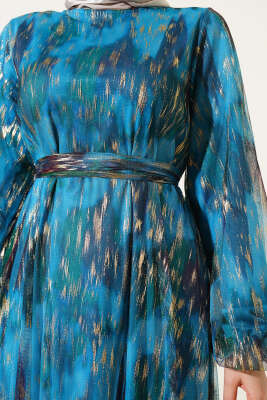 Parlak Tül Detaylı Elbise Petrol - Tesettür Elbise