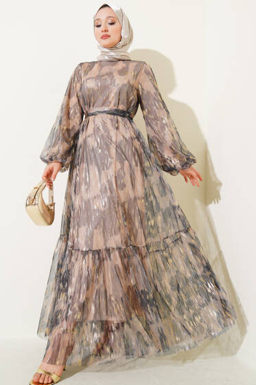 Parlak Tül Detaylı Elbise Siyah - Elbise