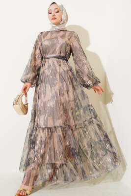 Parlak Tül Detaylı Elbise Siyah 