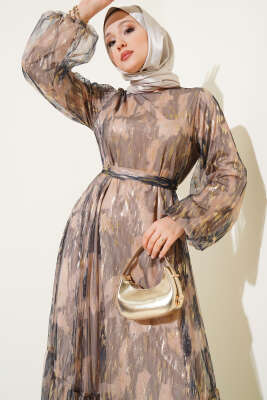 Parlak Tül Detaylı Elbise Siyah - Tesettür Elbise