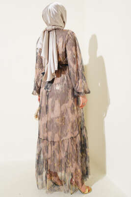 Parlak Tül Detaylı Elbise Siyah - Tesettür Elbise