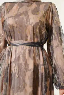 Parlak Tül Detaylı Elbise Siyah - Tesettür Elbise