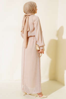 Parlak Tül Elbise Bej - Tesettür Elbise