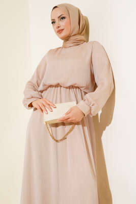 Parlak Tül Elbise Bej - Tesettür Elbise