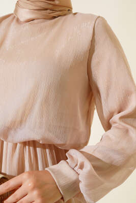 Parlak Tül Elbise Bej - Tesettür Elbise