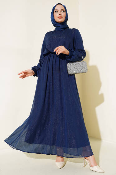 Parlak Tül Elbise Lacivert - Elbise