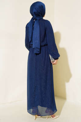 Parlak Tül Elbise Lacivert - Tesettür Elbise