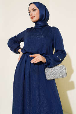 Parlak Tül Elbise Lacivert - Tesettür Elbise
