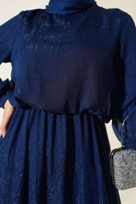 Parlak Tül Elbise Lacivert - Tesettür Elbise