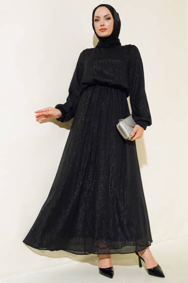 Parlak Tül Elbise Siyah - Tesettür Elbise