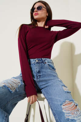 Parmak Geçirmeli Basic Bluz Bordo - Kadın Giyim Modelleri