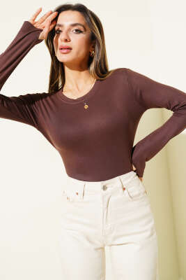 Parmak Geçirmeli Bisiklet Yaka Body Kahve 