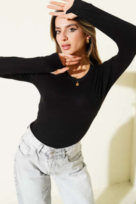 Parmak Geçirmeli Bisiklet Yaka Body Siyah 