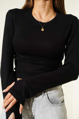 Parmak Geçirmeli Bisiklet Yaka Body Siyah - Kadın Giyim Modelleri