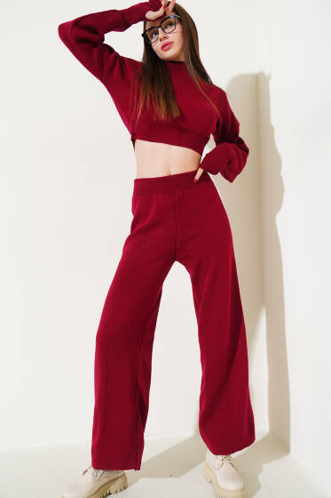 Parmak Geçirmeli Crop Triko İkili Takım Bordo - Kadın Giyim Modelleri
