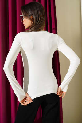 Parmak Geçirmeli Likralı Body Ekru - Kadın Giyim Modelleri