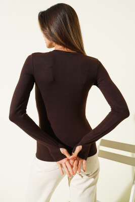 Parmak Geçirmeli Likralı Body Kahve - Kadın Giyim Modelleri