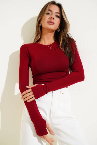 Parmak Geçirmeli Ribanalı Body Bordo - Kadın Giyim Modelleri