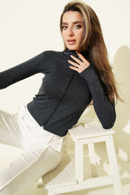 Parmak Geçirmeli Taşlı Hırka Antrasit - Kadın Giyim Modelleri